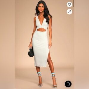 Lulus Divide and Contour White Ribbed Cutout Bodycon Midi White Dress